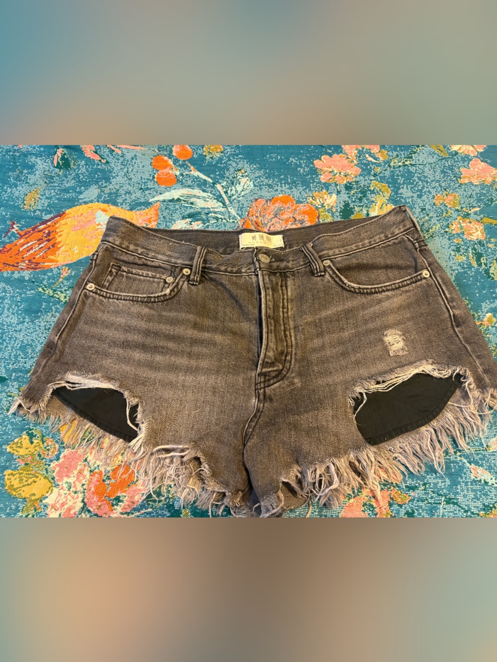 Free People Black/Grey Distressed High-Rise Denim Cutoff Shorts